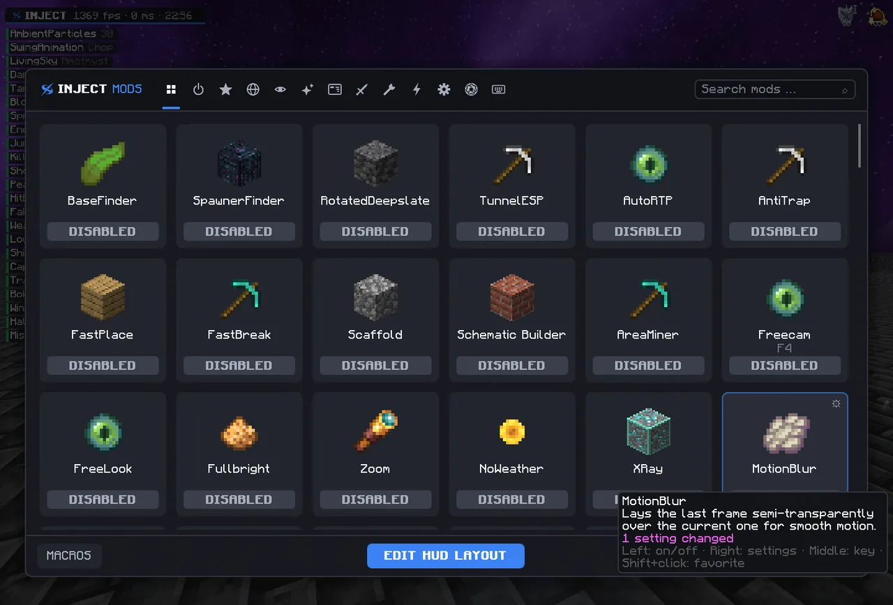 The Cards style of the Inject ClickGUI in Minecraft
