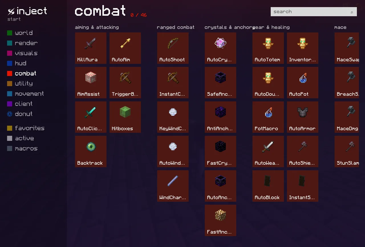 The Metro style of the Inject ClickGUI in Minecraft