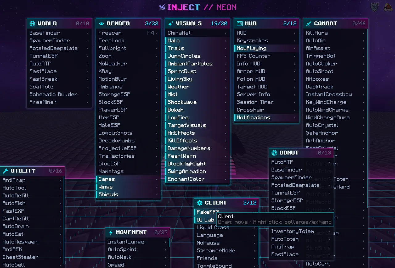 The Neon style of the Inject ClickGUI in Minecraft
