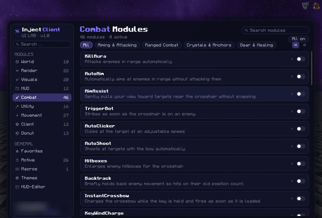 The Sidebar style of the Inject ClickGUI in Minecraft