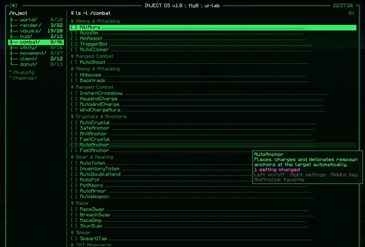 The Terminal style of the Inject ClickGUI in Minecraft