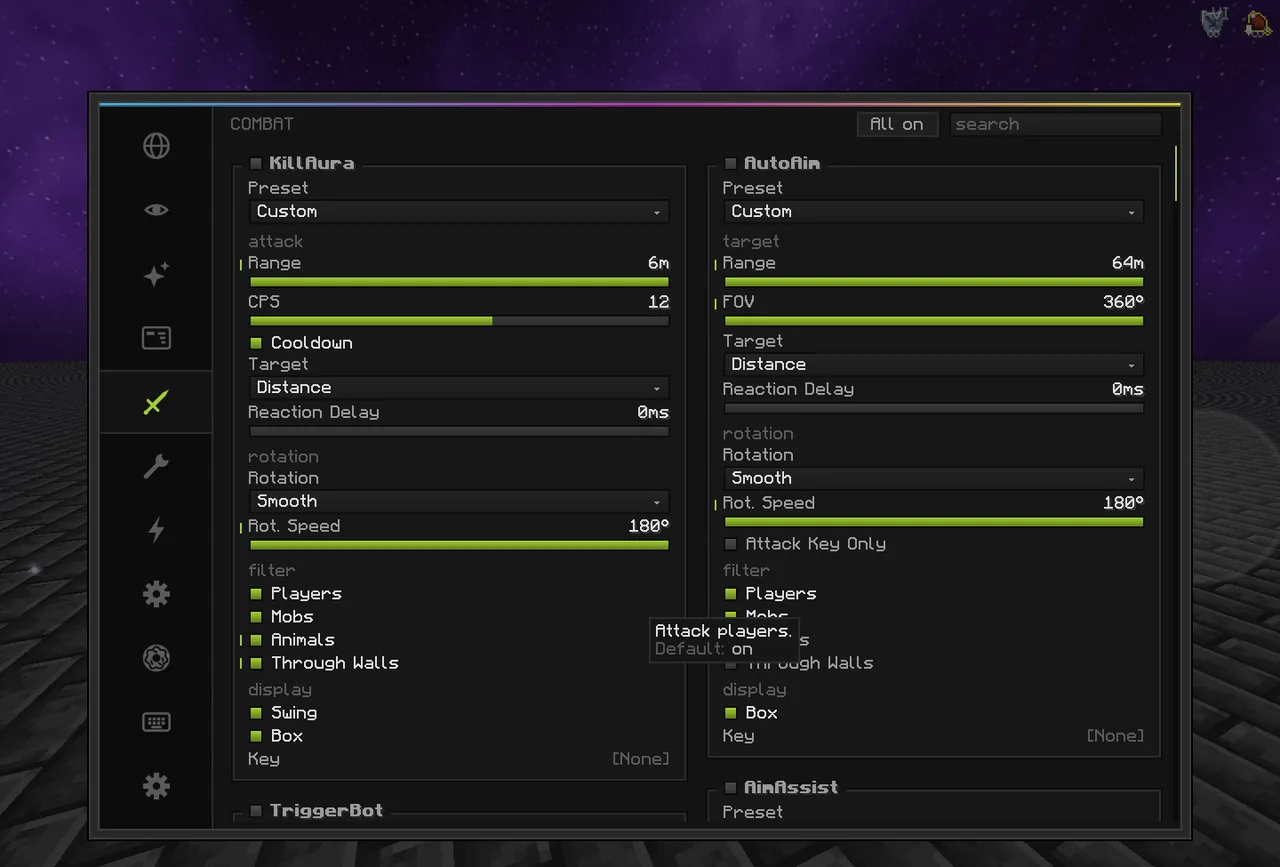 The Vector style of the Inject ClickGUI in Minecraft